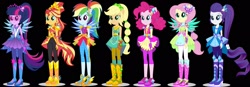 Size: 2048x713 | Tagged: safe, imported from twibooru, applejack, fluttershy, pinkie pie, rainbow dash, rarity, sci-twi, sunset shimmer, twilight sparkle, equestria girls, black background, boots, clothes, cowboy boots, crystal guardian, high heel boots, humane five, humane seven, humane six, image, needs more jpeg, ponied up, shoes, simple background