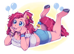 Size: 1748x1280 | Tagged: safe, artist:allegedratmonster, imported from derpibooru, pinkie pie, anthro, unguligrade anthro, alternate hairstyle, bracelet, breasts, choker, cleavage, clothes, ear piercing, earring, female, horseshoes, jewelry, lying down, nose piercing, nose ring, piercing, plump, prone, scrunchie, shorts, smiling, solo, supporting head, the pose