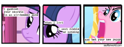 Size: 720x275 | Tagged: safe, edit, edited screencap, imported from ponybooru, screencap, pinkie pie, twilight sparkle, earth pony, green isn't your color, a softer world, comic, forever, gambling, screencap comic, text