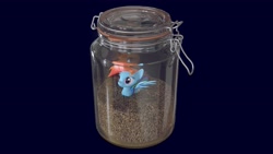 Size: 3840x2160 | Tagged: safe, imported from twibooru, rainbow dash, pegasus, pony, 3d, cumin, dark blue background, female, image, implied cum jar, jar, mare, needs more jpeg, partially submerged, reference, sealed up tight, simple background, smiling, solo, spread wings, wings