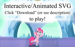 Size: 1600x1000 | Tagged: safe, artist:favitwink, imported from derpibooru, pinkie pie, crystal pony, earth pony, .svg available, 60 fps, animated, animated at source, better version at source, closed mouth, crystal castle, crystallized, eyes open, female, full body, interactive, link in description, looking up, screencap background, show accurate, skates, skating, smiling, solo, spread hooves, svg, the crystal empire 10th anniversary, vector
