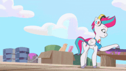 Size: 480x270 | Tagged: safe, edit, edited screencap, imported from derpibooru, screencap, zipp storm, pegasus, pony, lesson zero, spoiler:g5, spoiler:my little pony: tell your tale, spoiler:tyts01e36, animated, atomic rainboom, explosion, female, g5, gif, mare, my little pony: tell your tale, skibidi bop mm dada, sonic rainboom, take flight in the marestream
