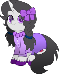 Size: 2981x3700 | Tagged: safe, artist:lincolnbrewsterfan, derpibooru exclusive, imported from derpibooru, oc, oc only, oc:putriana hoofmanda, pony, unicorn, derpibooru community collaboration, 2023 community collab, adorable face, black mane, black tail, bow, buttons, crown, cute, cute face, cute smile, flower, hair bow, hair tie, horn, jewelry, looking at you, ocbetes, pigtails, purple, purple dress, purple eyes, regalia, rose, simple background, sitting, smiling, smiling at you, solo, tail, transparent background, unicorn oc, unshorn fetlocks