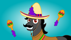 Size: 7680x4320 | Tagged: safe, artist:moonlight bloom, imported from derpibooru, king sombra, pony, unicorn, .svg available, absurd resolution, clothes, dark magic, facial hair, gradient background, king sombrero, looking at you, magic, magic aura, male, maracas, moustache, musical instrument, poncho, smiling, solo, sombrero, stallion, the crystal empire 10th anniversary, vector