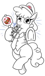 Size: 571x953 | Tagged: safe, artist:jargon scott, imported from derpibooru, oc, oc only, oc:officer nutless, earth pony, pony, angry eyes, blowing whistle, clothes, female, grayscale, hat, hoof hold, looking at you, lying down, mare, monochrome, no nut november, on back, overhead view, partial color, shirt, sign, simple background, solo, underhoof, whistle, white background