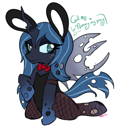 Size: 2785x3001 | Tagged: safe, artist:lolkitz, imported from derpibooru, oc, oc only, oc:sylvara, changeling, changeling queen, bowtie, bunny ears, bunny suit, changeling queen oc, clothes, costume, dialogue, dressup, fangs, female, fishnets, horn, kneeling, mommy kink, ripped stockings, simple background, solo, stockings, thigh highs, torn clothes, white background, ych example, your character here