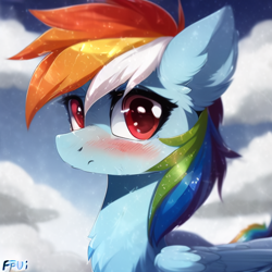 Size: 512x512 | Tagged: safe, imported from derpibooru, rainbow dash, pegasus, pony, ai content, ai generated, blushing, chest fluff, ear fluff, female, generator:stable diffusion, mare, solo, wings