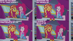 Size: 4400x2475 | Tagged: safe, edit, edited screencap, editor:quoterific, imported from derpibooru, screencap, pinkie pie, sunset shimmer, human, equestria girls, equestria girls series, sunset's backstage pass!, spoiler:eqg series (season 2), barefoot, caption, clothes, covering mouth, duo, duo female, feet, female, laughing, nightgown, one leg raised, pajamas, raised leg, text