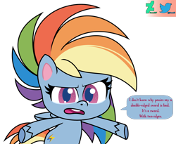 Size: 2012x1653 | Tagged: safe, artist:kuren247, imported from derpibooru, rainbow dash, pegasus, pony, my little pony: pony life, arms spread out, bipedal, confused, g4.5, looking at you, show accurate, simple background, solo, speech bubble, talking, talking to viewer, text, transparent background, vector, watermark