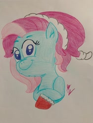 Size: 1536x2048 | Tagged: safe, artist:jesslmc16, imported from derpibooru, minty, earth pony, pony, a very minty christmas, bust, chest fluff, christmas, christmas stocking, clothes, colored, colored hooves, colored pencil drawing, colored pupils, crossed arms, drawing, fluffy, g3, hat, holiday, looking at you, portrait, santa hat, smiling, smiling at you, socks, solo, traditional art