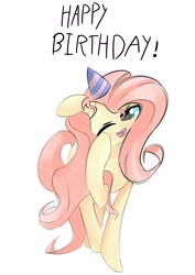 Size: 2480x3508 | Tagged: safe, artist:solid shrimp, imported from derpibooru, fluttershy, pegasus, pony, birthday, female, hat, mare, open mouth, party hat, simple background, sleepy, solo, white background, wingless