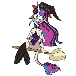 Size: 900x900 | Tagged: safe, artist:fuckomcfuck, imported from derpibooru, oc, oc only, oc:juniper sage, anthro, unicorn, boots, broom, flying, flying broomstick, hat, shoes, simple background, solo, transparent background, witch hat