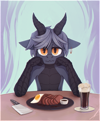 Size: 3000x3600 | Tagged: safe, artist:midnightflight, imported from derpibooru, oc, oc only, oc:mattie banshee, anthro, dracony, dragon, hybrid, alcohol, anthro oc, beer, birthday, dracony oc, dragoness, ear piercing, egg (food), female, food, horns, meat, piercing, solo