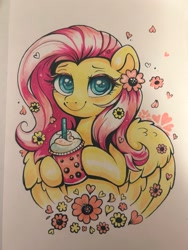 Size: 768x1024 | Tagged: safe, artist:confetticakez, imported from derpibooru, fluttershy, pegasus, pony, blushing, cherry blossoms, cup, cute, drinking straw, female, flower, flower blossom, flower in hair, mare, shyabetes, smoothie, solo, traditional art