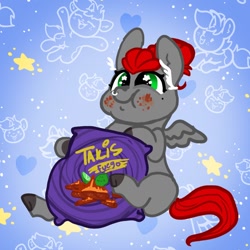 Size: 1000x1000 | Tagged: safe, artist:nootaz, imported from derpibooru, oc, oc only, oc:void, pegasus, pony, abstract background, bag, eating, female, food, mare, nose piercing, nose ring, piercing, puffy cheeks, sitting, solo, takis