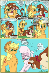 Size: 1080x1584 | Tagged: safe, artist:firefanatic, imported from derpibooru, applejack, cow, earth pony, lamb, sheep, them's fightin' herds, adorable distress, arizona (tfh), calf, community related, crying, cute, dialogue, distressed, fanart, hug, pom (tfh), pushing, talking, video game