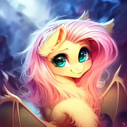 Size: 1024x1024 | Tagged: safe, imported from derpibooru, fluttershy, bat pony, pony, adorable face, ai content, ai generated, anatomically incorrect, bat ponified, bat wings, chest fluff, cute, ear fluff, eyebrows, eyelashes, fluffy, flutterbat, generator:purplesmart.ai, generator:stable diffusion, hoof fluff, looking at you, messy mane, playful, prompter:nightluna, race swap, shyabetes, smiling, solo, wings