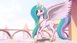 Size: 1280x720 | Tagged: safe, artist:leopon276, imported from derpibooru, princess celestia, alicorn, pony, canterlot, canterlot castle, crown, female, g4, jewelry, peytral, raised hoof, regalia, slim, solo, spread wings, sternocleidomastoid, thin legs, wings