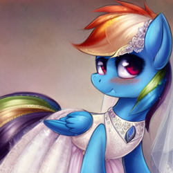 Size: 512x512 | Tagged: safe, imported from derpibooru, rainbow dash, pegasus, pony, ai content, ai generated, blushing, clothes, dress, generator:stable diffusion, looking at you, slim, solo, wedding dress