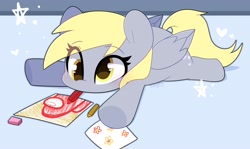 Size: 3212x1919 | Tagged: safe, artist:sakukitty, imported from derpibooru, derpy hooves, pegasus, pony, amogus, among us, crayon, crayon drawing, cute, derpabetes, eraser, female, flower, lying down, mare, meme, mouth hold, prone, solo, sploot, traditional art