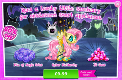 Size: 1960x1296 | Tagged: safe, imported from derpibooru, fluttershy, pegasus, pony, robot, robot pony, advertisement, antennae, costs real money, english, female, flutterbot, gameloft, gem, magic coins, mare, monitor, numbers, official, roboticization, sale, solo, solo focus, spread wings, text, tree, wings