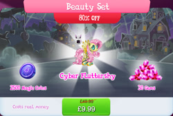 Size: 1270x853 | Tagged: safe, imported from derpibooru, fluttershy, pegasus, pony, robot, robot pony, antennae, bundle, costs real money, english, female, flutterbot, gameloft, gem, magic coins, mare, monitor, numbers, official, roboticization, sale, solo, solo focus, spread wings, text, tree, wings