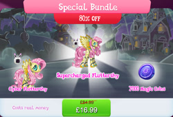 Size: 1262x856 | Tagged: safe, imported from derpibooru, fluttershy, pegasus, pony, robot, robot pony, antennae, bundle, costs real money, duality, english, female, flutterbot, gameloft, height difference, magic coins, mare, monitor, numbers, official, roboticization, sale, solo, solo focus, spread wings, text, tree, wings