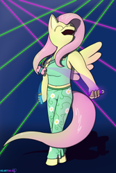 Size: 1800x2700 | Tagged: safe, artist:passionpanther, imported from derpibooru, fluttershy, anthro, pegasus, unguligrade anthro, series:plur is magic, dancing, finger hooves, glowstick, neon, party, rave, solo