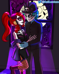 Size: 2000x2500 | Tagged: safe, artist:cali luminos, imported from derpibooru, oc, oc only, human, equestria girls, anime, catrina (calavera garbancera), couple, dancing, dia de los muertos, duo, face paint, female, makeup, male, night