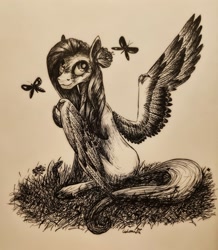 Size: 2849x3267 | Tagged: safe, artist:cahandariella, imported from derpibooru, fluttershy, butterfly, pegasus, snake, flower, flower in hair, ink drawing, inktober, looking at you, monochrome, solo, traditional art