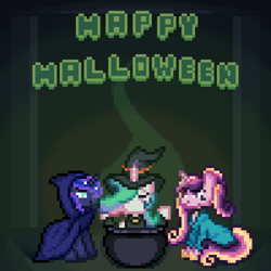 Size: 2100x2100 | Tagged: safe, artist:mariothepixelarter, imported from derpibooru, princess cadance, princess celestia, princess luna, alicorn, pony, cauldron, cloak, clothes, costume, female, halloween, halloween costume, happy halloween, hat, high res, mare, pixel art, trio, witch hat