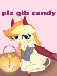 Size: 1080x1440 | Tagged: safe, artist:sodapop sprays, imported from derpibooru, oc, oc:bricc, oc:sodapop sprays, pegasus, succubus, bat wings, clothes, costume, female, fishnets, halloween, halloween costume, holiday, horns, mare, pumpkin, pumpkin bucket, simple background, solo, wings