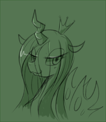 Size: 1044x1197 | Tagged: safe, artist:maren, imported from derpibooru, queen chrysalis, changeling, changeling queen, 2013, bust, doodle, female, monochrome, old art, portrait, smiling, smirk, solo