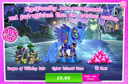 Size: 1964x1292 | Tagged: safe, imported from derpibooru, princess luna, alicorn, pony, robot, robot pony, advertisement, barn, bush, costs real money, english, female, gameloft, gem, mare, numbers, official, princess lunabot, roboticization, s1 luna, sale, solo, solo focus, spread wings, text, tree, wings