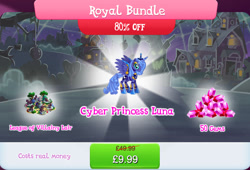 Size: 1266x860 | Tagged: safe, imported from derpibooru, princess luna, alicorn, pony, robot, robot pony, barn, bundle, bush, costs real money, english, female, gameloft, gem, mare, numbers, official, princess lunabot, roboticization, s1 luna, sale, solo, solo focus, spread wings, text, tree, wings