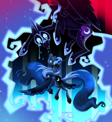 Size: 1000x1085 | Tagged: safe, artist:themiles, imported from derpibooru, nightmare moon, princess luna, alicorn, pony, abstract background, colored wings, crying, duality, ethereal mane, ethereal tail, female, flying, looking at each other, looking at someone, mare, poem in the description, rear view, tail, two toned wings, wide eyes, wings