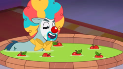 Size: 3072x1727 | Tagged: safe, imported from derpibooru, screencap, earth pony, pony, spoiler:g5, spoiler:my little pony: tell your tale, spoiler:tyts01e30, apple, apple bobbing, clown, clown makeup, clown nose, food, g5, high res, male, my little pony: tell your tale, nightmare night party, open mouth, open smile, red nose, rufus, smiling, solo, stallion, youtube link