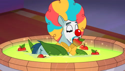 Size: 3072x1727 | Tagged: safe, imported from derpibooru, screencap, earth pony, pony, spoiler:g5, spoiler:my little pony: tell your tale, spoiler:tyts01e30, apple, apple bobbing, clown, clown makeup, clown nose, food, g5, high res, male, my little pony: tell your tale, nightmare night party, red nose, rufus, solo, stallion, youtube link