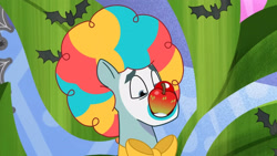 Size: 3072x1727 | Tagged: safe, imported from derpibooru, screencap, earth pony, pony, spoiler:g5, spoiler:my little pony: tell your tale, spoiler:tyts01e30, apple, apple bobbing, clown, clown makeup, clown nose, food, g5, high res, male, my little pony: tell your tale, nightmare night party, red nose, rufus, solo, stallion, youtube link