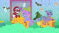 Size: 3072x1727 | Tagged: safe, imported from derpibooru, screencap, zipp storm, pegasus, pony, spoiler:g5, spoiler:my little pony: tell your tale, spoiler:tyts01e30, female, g5, halloween, high res, holiday, jack-o-lantern, male, mare, my little pony: tell your tale, nightmare night party, open mouth, pumpkin, stallion, trio, unnamed character, unnamed pony, youtube link