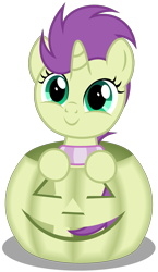 Size: 2090x3610 | Tagged: safe, artist:strategypony, imported from derpibooru, oc, oc only, oc:sky spark, pony, unicorn, clothes, cute, female, filly, foal, halloween, holiday, horn, jack-o-lantern, looking at you, pumpkin, scarf, simple background, solo, standing, striped scarf, transparent background, unicorn oc