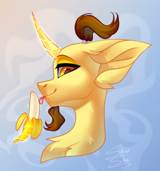 Size: 2812x3000 | Tagged: safe, artist:shinoshai, imported from derpibooru, oc, pony, unicorn, abstract background, banana, bust, commission, ear fluff, facial hair, fluffy, food, gradient background, licking, looking at you, magic, portrait, signature, smiling, solo, telekinesis, tongue out