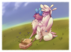 Size: 1488x1101 | Tagged: safe, artist:redahfuhrerking, imported from derpibooru, alpaca, deer, insect, moth, reindeer, them's fightin' herds, basket, cloven hooves, community related, doe, duo, female, grass, grass field, paprika (tfh), picnic basket, velvet (tfh)