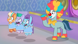 Size: 3072x1727 | Tagged: safe, imported from derpibooru, screencap, earth pony, pegasus, pony, unicorn, spoiler:g5, spoiler:my little pony: tell your tale, spoiler:tyts01e30, clown, clown makeup, clown nose, female, filly, foal, g5, glory (g5), high res, jumpscare, male, my little pony: tell your tale, nightmare night party, open mouth, peach fizz, pinpoint eyes, pippsqueak trio, pippsqueaks, red nose, rufus, seashell (g5), smiling, stallion, the grady girls, youtube link