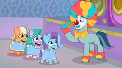 Size: 3072x1727 | Tagged: safe, imported from derpibooru, screencap, earth pony, pegasus, pony, unicorn, spoiler:g5, spoiler:my little pony: tell your tale, spoiler:tyts01e30, clown, clown makeup, clown nose, female, filly, foal, g5, glory (g5), high res, male, my little pony: tell your tale, nightmare night party, open mouth, open smile, peach fizz, pippsqueak trio, pippsqueaks, red nose, rufus, seashell (g5), smiling, stallion, the grady girls, youtube link