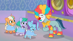 Size: 3072x1727 | Tagged: safe, imported from derpibooru, screencap, earth pony, pegasus, pony, unicorn, spoiler:g5, spoiler:my little pony: tell your tale, spoiler:tyts01e30, clothes, clown, clown makeup, clown nose, costume, cute, eyes closed, female, filly, foal, g5, glory (g5), high res, male, my little pony: tell your tale, nightmare night costume, nightmare night party, open mouth, open smile, peach fizz, pippsqueak trio, pippsqueaks, red nose, rufus, seashell (g5), smiling, stallion, the grady girls, youtube link