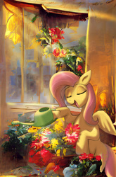 Size: 2271x3431 | Tagged: safe, artist:neoshrek, imported from derpibooru, fluttershy, pegasus, pony, ai assisted, ai content, cottagecore, cute, eyes closed, flower, fluttershy's cottage, open mouth, open smile, shyabetes, smiling, solo, spread wings, watering can, wings