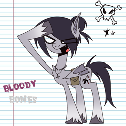 Size: 1379x1380 | Tagged: safe, artist:kysvil_xoxo, imported from derpibooru, oc, oc:bloody bones, bat pony, bat pony oc, cloven hooves, cross, inverted cross, jewelry, lined paper, necklace, open mouth, open smile, salute, satchel, skull and crossbones, smiling, stars