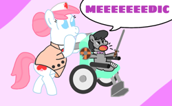 Size: 1054x648 | Tagged: safe, imported from derpibooru, nurse redheart, octavia melody, earth pony, pony, /mlp/ tf2 general, clothes, duo, female, mare, medic, simple background, speech bubble, team fortress 2, wheelchair