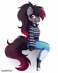Size: 2000x2500 | Tagged: safe, artist:madelinne, imported from derpibooru, oc, oc only, oc:madelinne, anthro, anthro oc, boots, clothes, converse, cute, denim, happy, jeans, nails, pants, shoes, simple background, sitting, solo, sweater, white background
